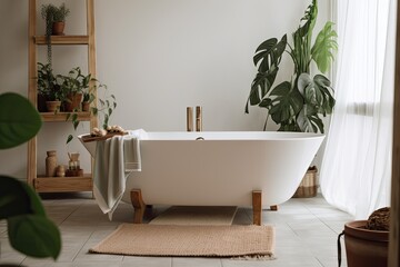 Contemporary white bathtub with towel and wooden beauty product rack. Bohemian bathroom with green tropical plants and other natural décor. Generative AI