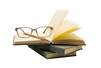 open book and glasses and pencil isolated in png format , knowledge and education concept