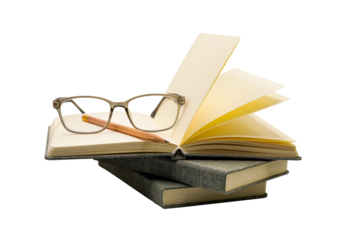 open book and glasses and pencil isolated in png format , knowledge and education concept