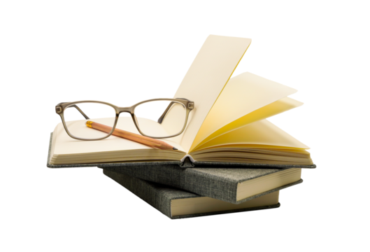 open book and glasses and pencil isolated in png format , knowledge and education concept