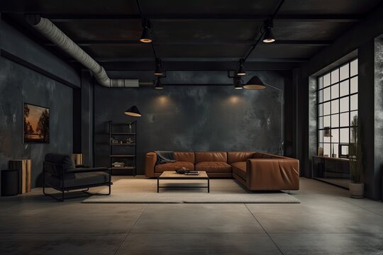 Contemporary dark house interior backdrop, loft interior,. Generative AI
