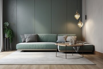 Sofa and decor in living room wall mockup. Generative AI