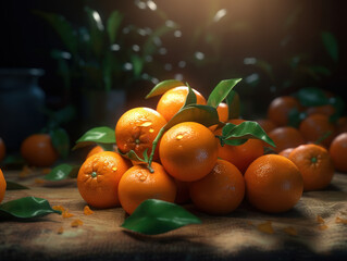 Beautiful organic background of freshly picked mandarines created with Generative AI technology