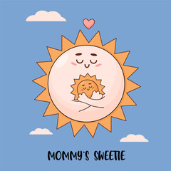 Sweet mother sun. Happy cartoon character family mom sun with baby. Nostalgic holiday card Mothers Day. Vector Illustration .