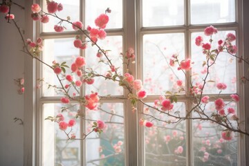 This stunning stock photo captures the beauty of crabapple flowers with detail and full of flowers, Generative AI