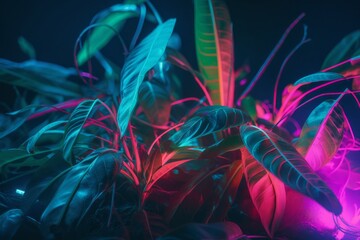 An abstract composition of glowing shapes and neon vines, creating a jungle-like atmosphere. Generative AI.