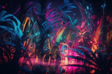 Fototapeta na wymiar A surreal landscape of electric palm trees and glowing foliage against a starry sky. Generative AI.