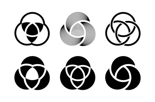 A group of different styles of logic analysis Venn diagram, Trefoil interconnected lines, Circles, and intersection icons. Vector illustration.