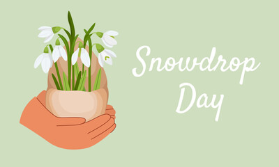  Snowdrop Day holiday vector banner. Hands holding bouquet of galanthus in kraft paper