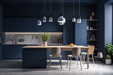 Modern cozy kitchen with dark blue wall. Generative AI
