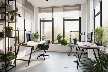 Modernist Home Office Interior Design with Natural Light, Plants, and Modern Furniture for a Productive Work Environment