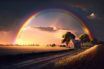 Tranquil agricultural landscape with a magical rainbow, Generative AI
