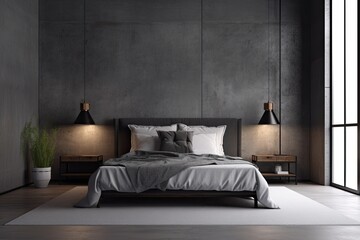 Dark bedroom mockup, white bed on empty concrete wall. Generative AI