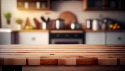 Empty wooden table for product placement with focus to the table top, blurred bokeh kitchen background, Generative AI	