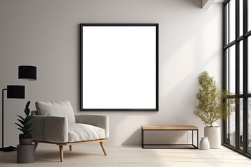 Empty mockup poster frame in modern interior background, interior space, living room, minimal, all synchron, Contemporary style interior idea - Generative AI