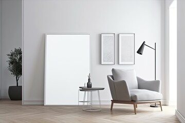 Empty mockup poster frame in modern interior background, interior space, living room, minimal, all synchron, Contemporary style interior idea - Generative AI