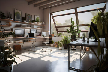 Fototapeta premium Modernist Home Office Interior Design with Natural Light, Plants, and Modern Furniture for a Productive Work Environment
