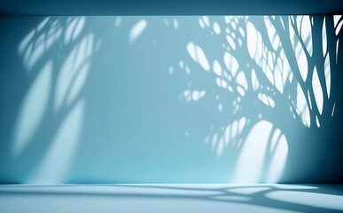 Minimalistic abstract gentle light blue background for product presentation with light and intricate shadow from tree branches on wall. AI Generative