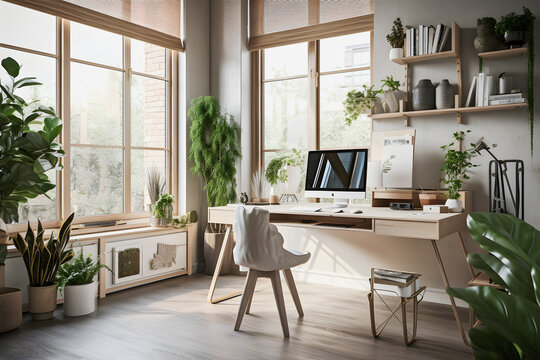 Modernist Home Office Interior Design with Natural Light, Plants, and Modern Furniture for a Productive Work Environment