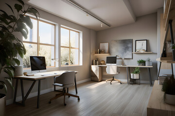 Fototapeta na wymiar Modernist Home Office Interior Design with Natural Light, Plants, and Modern Furniture for a Productive Work Environment