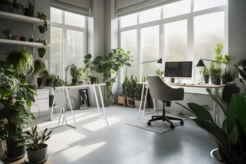 Modernist Home Office Interior Design with Natural Light, Plants, and Modern Furniture for a Productive Work Environment