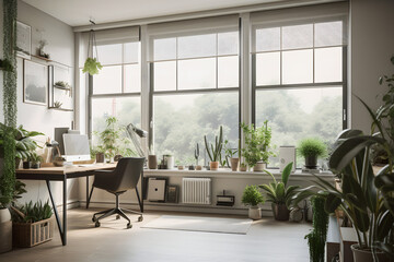 Modernist Home Office Interior Design with Natural Light, Plants, and Modern Furniture for a Productive Work Environment