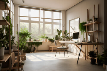 Modernist Home Office Interior Design with Natural Light, Plants, and Modern Furniture for a Productive Work Environment