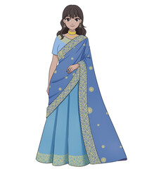 青色のインドサリーを着た女性