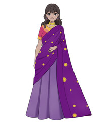 紫色のインドサリーを着た女性