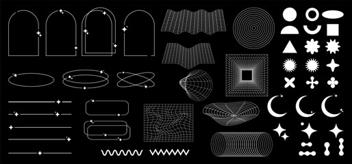 Set of white  y2k shapes, grids, frames, 3d elements on black background.  Futuristic cyberpunk retro elements
