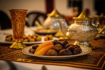 Fototapeta premium Close up variety of table with arabic food during iftar meal on ramadan AI generated