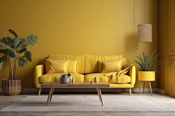 Modern living room with yellow wall, couch, and plant. Generative AI