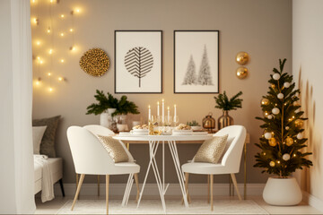 Modern dinner room with white furniture, clean minimalistic interior design. Super photo realistic background. Generative ai illustration