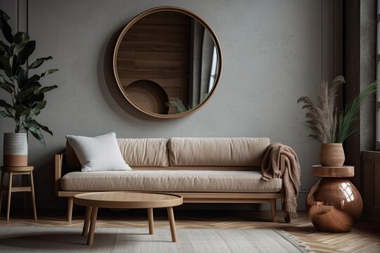 Round wall mirrors reflecting interior design scene, bohemian wooden living room, fabric couch with cushions, contemporary architectural concept,. Generative AI
