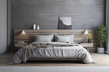 Gray bed on empty wooden wall bedroom mockup. Generative AI