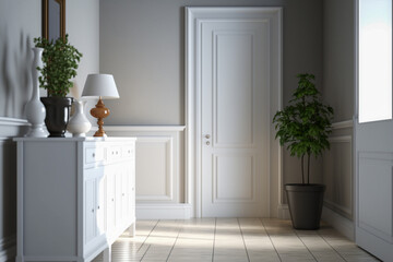 Modern hall with white furniture, clean minimalistic interior design. Super photo realistic background. Generative ai illustration