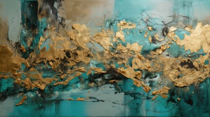 A Minimalistic Abstract Texture of Turquoise and Gold Paint. Generative AI