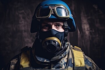 Ukrainian solder with helmet and gas mask on resting on the front lines. Special forces soldiers go to military operation. Generative AI Technology