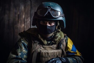 Naklejka premium Ukrainian solder with helmet and gas mask on resting on the front lines. Special forces soldiers go to military operation. Generative AI Technology