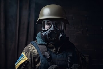 Ukrainian solder with helmet and gas mask on resting on the front lines. Special forces soldiers go to military operation. Generative AI Technology