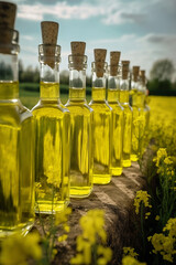 still life with bottles of olive oil in rapeseed field