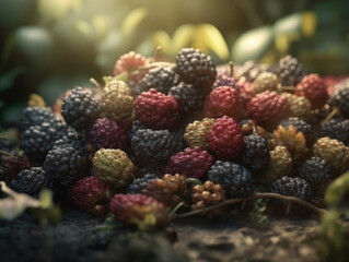 Beautiful organic background of freshly picked blackberry created with Generative AI technology