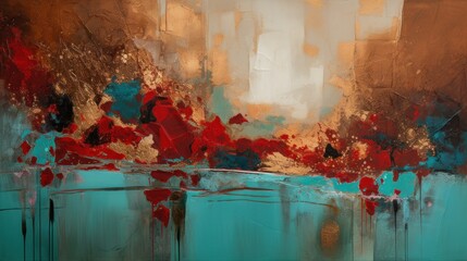 A Minimalistic Abstract Texture of Turquoise, Red and Gold Paint. Generative AI