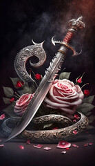 balde with cobra and pink rose on dark background