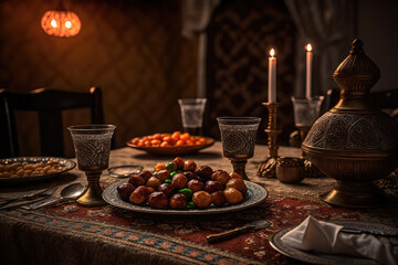 Close up variety of table with arabic food during iftar meal on ramadan AI generated