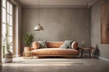 Nice contemporary room interior. Vibrant, clean design. A wall backed sofa near a wide window. Generative AI