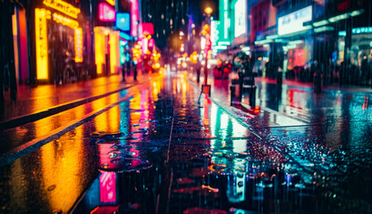 Travelling in the Soothing Rainy Weather at an Urban City with Wet Atmosphere, Street Reflection and Night Lights. Generative AI.