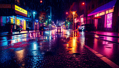 Obraz premium Wet urban city streets at a rainy weather, night reflections and neon street lights. Generative AI.