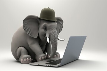 Elephant with cap using a laptop computer IA