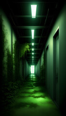 Fototapeta premium AI Digital Illustration Green Empty Grunge Hallway